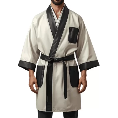 Kimono homme en cuir d'agneau blanc ceinture amovible et poches en cuir d'agneau noir modèle Darkane