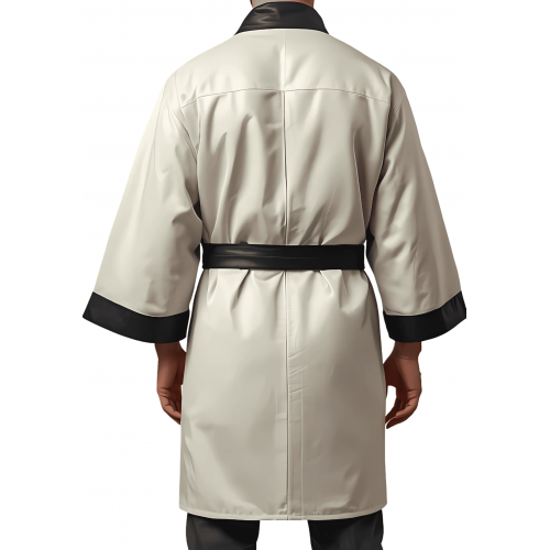 Kimono homme en cuir d'agneau blanc ceinture amovible et poches en cuir d'agneau noir modèle Darkane