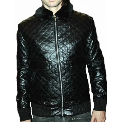 Blouson cuir agneau quadrillé noir col amovible mouton modèle Octavio