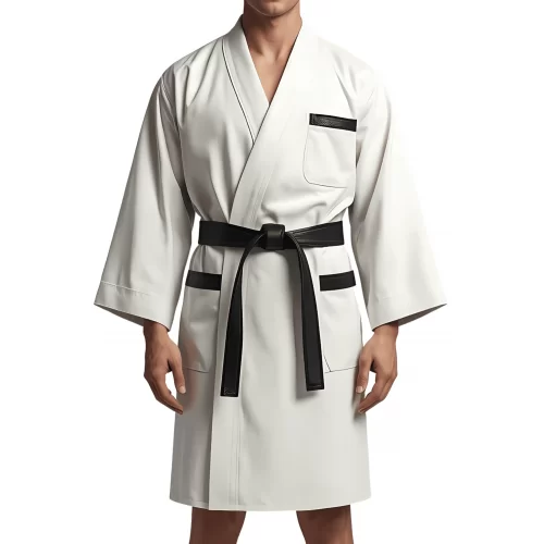 Kimono homme en cuir d'agneau blanc et noir ceinture amovible cuir d'agneau noir modèle Barnot