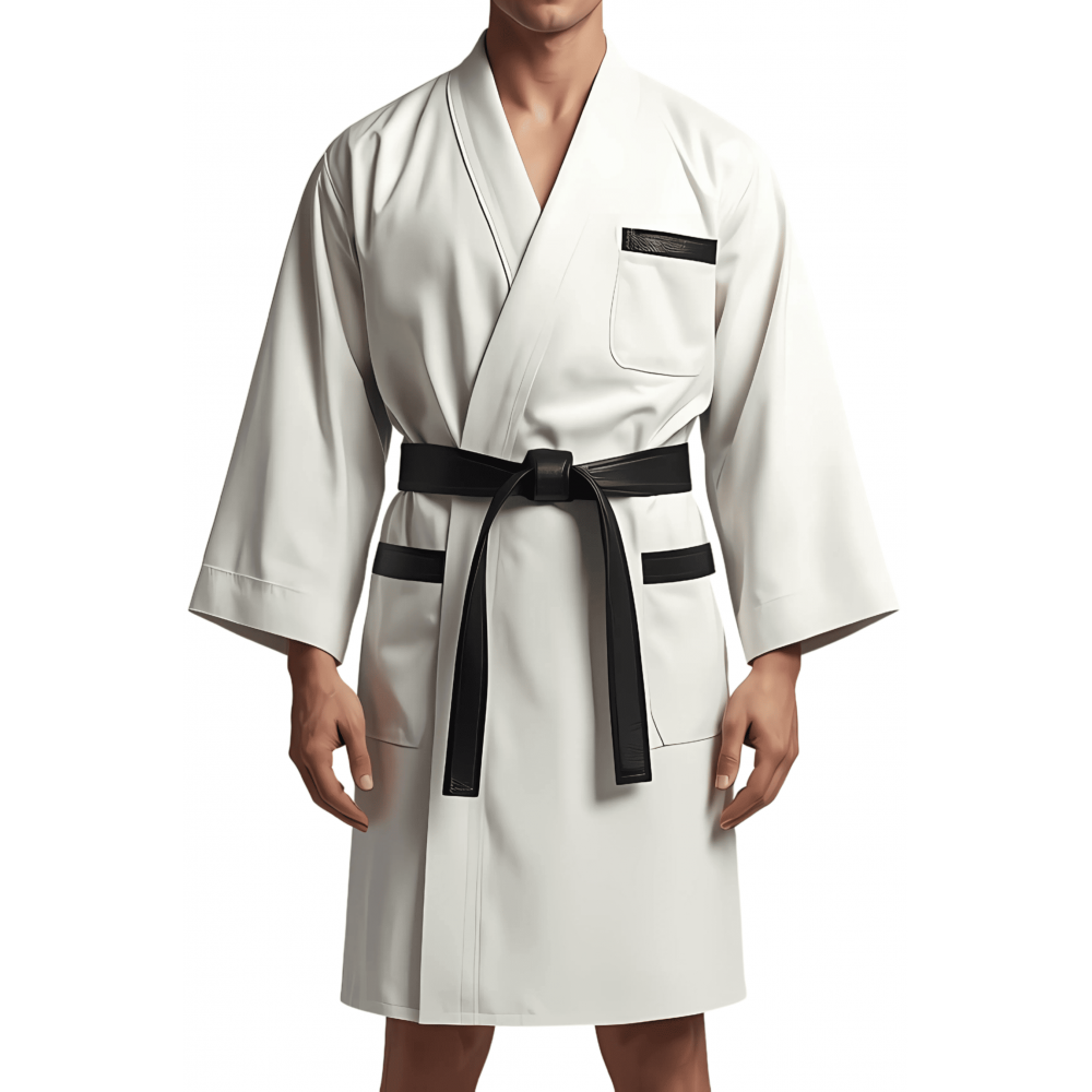 Kimono homme en cuir d'agneau blanc et noir ceinture amovible cuir d'agneau noir modèle Barnot