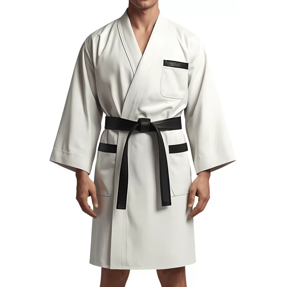 Kimono homme en cuir d'agneau blanc et noir ceinture amovible cuir d'agneau noir modèle Barnot