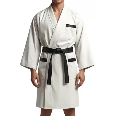 Kimono homme en cuir d'agneau blanc et noir ceinture amovible cuir d'agneau noir modèle Barnot