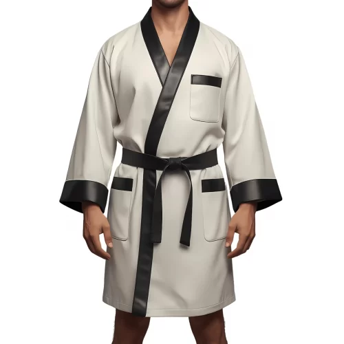 Kimono homme en cuir d'agneau blanc et noir ceinture amovible cuir d'agneau noir modèle Pirly