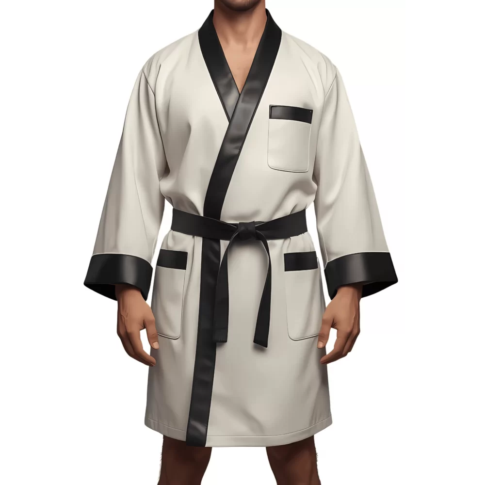 Kimono homme en cuir d'agneau blanc et noir ceinture amovible cuir d'agneau noir modèle Pirly