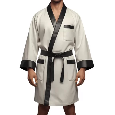 Kimono homme en cuir d'agneau blanc et noir ceinture amovible cuir d'agneau noir modèle Pirly