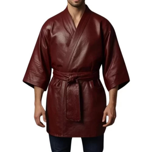 Kimono homme en cuir d'agneau marron ceinture amovible marron modèle Richalo