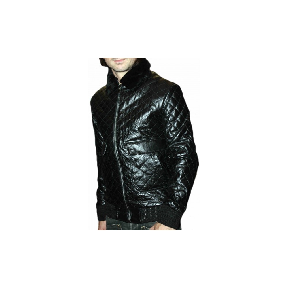 Blouson cuir agneau quadrillé noir col amovible mouton modèle Octavio
