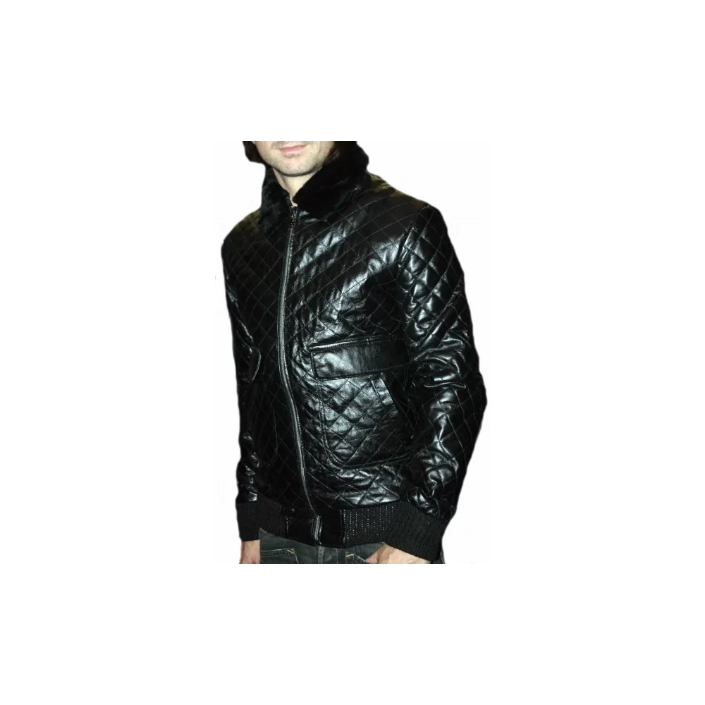 Blouson cuir agneau quadrillé noir col amovible mouton modèle Octavio