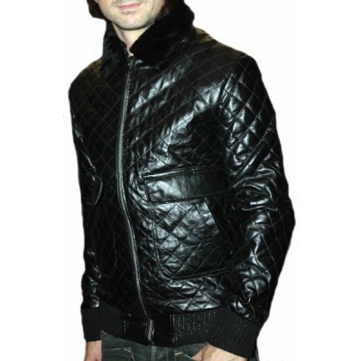 Blouson cuir agneau quadrillé noir col amovible mouton modèle Octavio