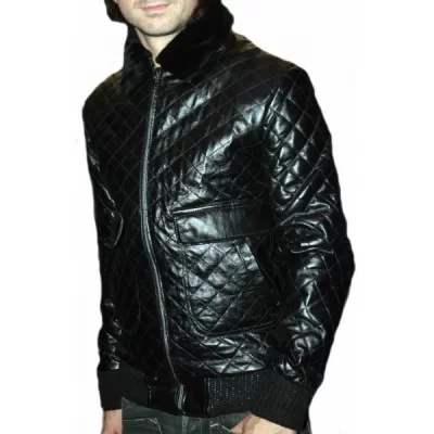 Blouson cuir agneau quadrillé noir col amovible mouton modèle Octavio