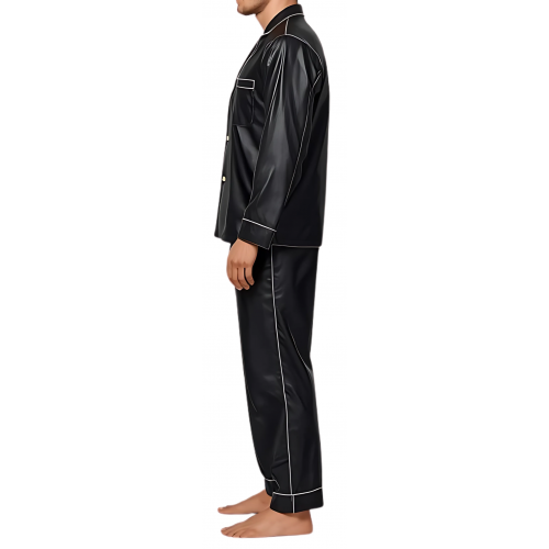 Pyjama homme en cuir d'agneau noir liserets cuir blanc haut et bas modèle Karl
