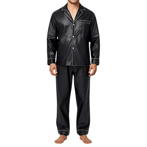 Pyjama homme en cuir d'agneau noir liserets cuir blanc haut et bas modèle Karl