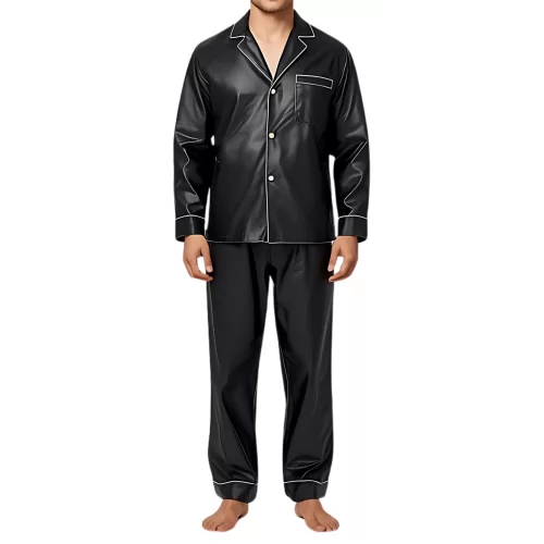 Pyjama homme en cuir d'agneau noir liserets cuir blanc haut et bas modèle Karl