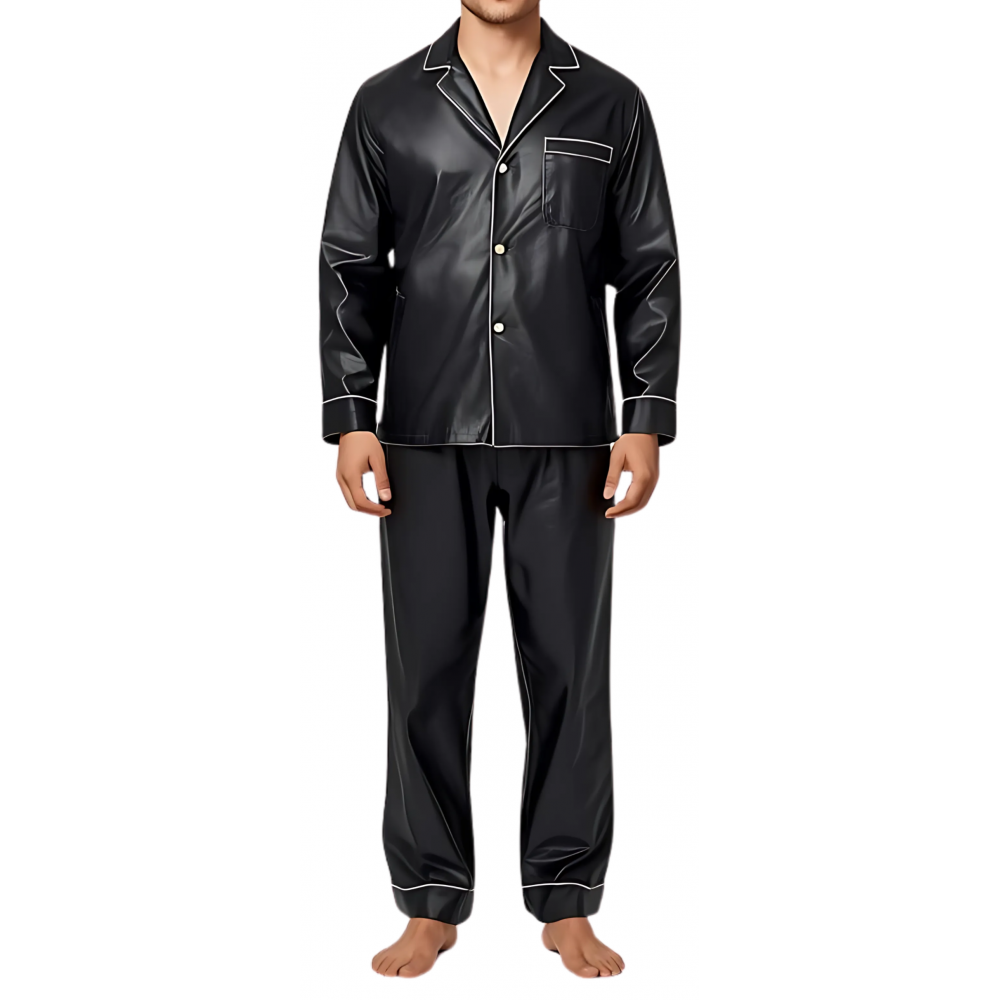 Pyjama homme en cuir d'agneau noir liserets cuir blanc haut et bas modèle Karl