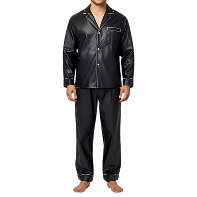 Pyjama homme en cuir d'agneau noir liserets cuir blanc haut et bas modèle Karl