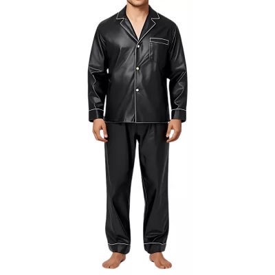 Pyjama homme en cuir d'agneau noir liserets cuir blanc haut et bas modèle Karl
