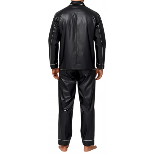 Pyjama homme en cuir d'agneau noir liserets cuir blanc haut et bas modèle Karl