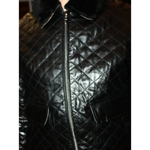 Blouson cuir agneau quadrillé noir col amovible mouton modèle Octavio
