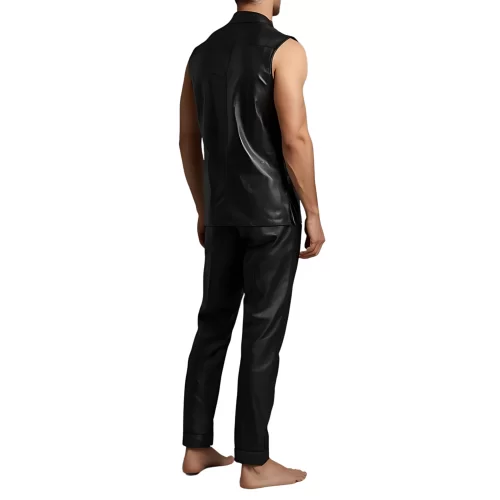 Pyjama homme sans manches en cuir d'agneau noir haut et bas modèle Salarame