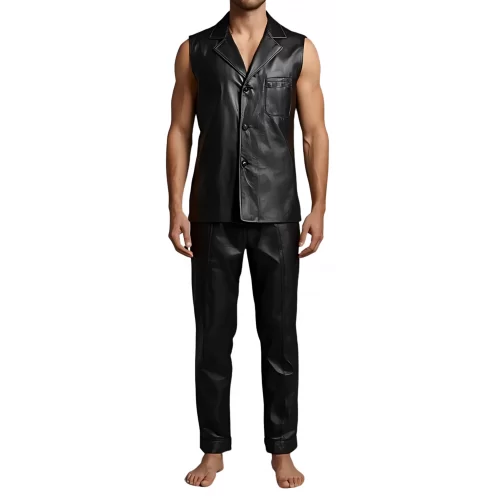 Pyjama homme sans manches en cuir d'agneau noir haut et bas modèle Salarame
