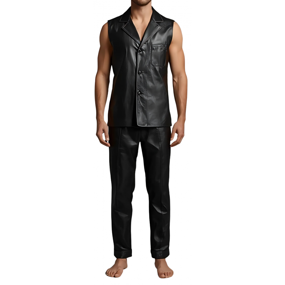 Pyjama homme sans manches en cuir d'agneau noir haut et bas modèle Salarame