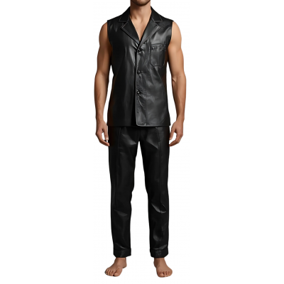 Pyjama homme sans manches en cuir d'agneau noir haut et bas modèle Salarame