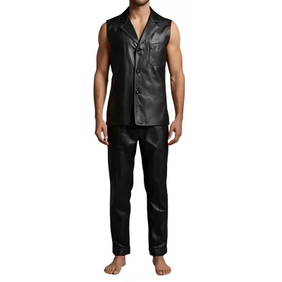 Pyjama homme sans manches en cuir d'agneau noir haut et bas modèle Salarame