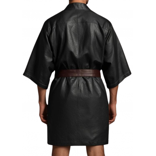 Kimono homme en cuir d'agneau noir avec ceinture en cuir d'agneau marron amovible modèle Prismy