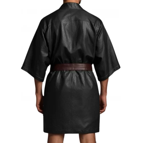 Kimono homme en cuir d'agneau noir avec ceinture en cuir d'agneau marron amovible modèle Prismy