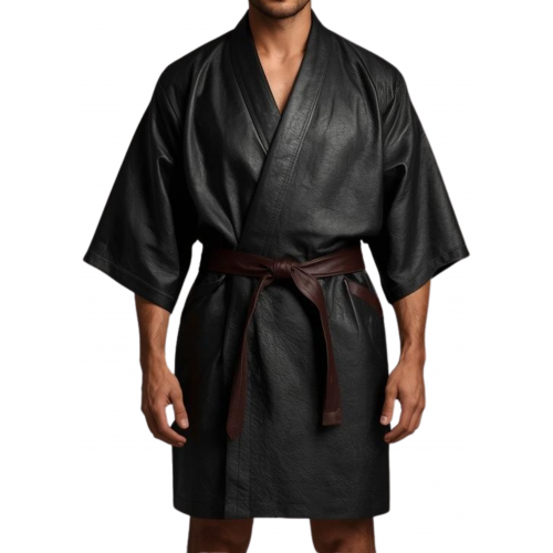 Kimono homme en cuir d'agneau noir avec ceinture en cuir d'agneau marron amovible modèle Prismy