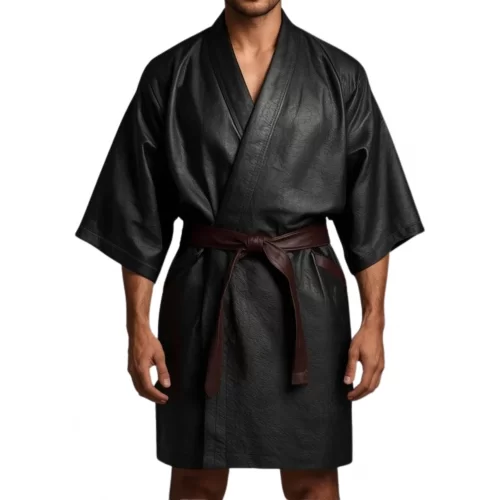 Kimono homme en cuir d'agneau noir avec ceinture en cuir d'agneau marron amovible modèle Prismy