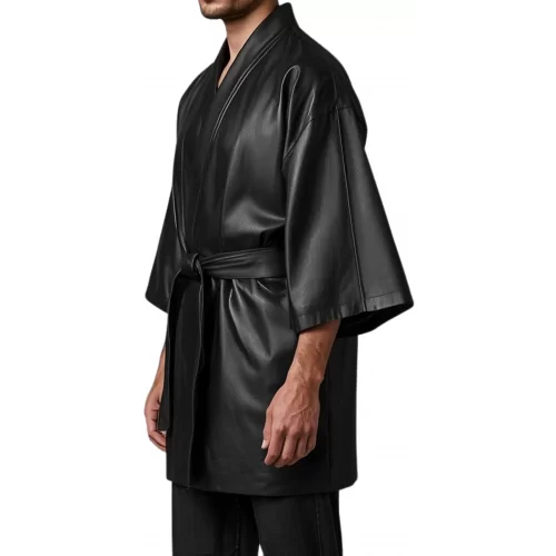 Kimono homme en cuir d'agneau noir avec ceinture en cuir noir amovible modèle Cyclona