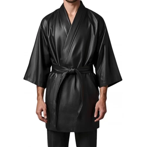 Kimono homme en cuir d'agneau noir avec ceinture en cuir noir amovible modèle Cyclona