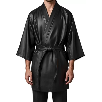 Kimono homme en cuir d'agneau noir avec ceinture en cuir noir amovible modèle Cyclona