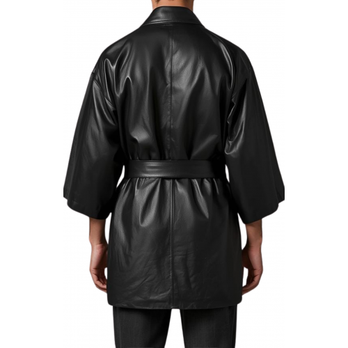 Kimono homme en cuir d'agneau noir avec ceinture en cuir noir amovible modèle Cyclona