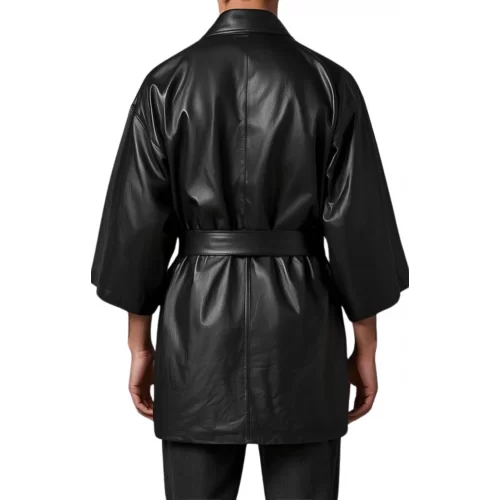 Kimono homme en cuir d'agneau noir avec ceinture en cuir noir amovible modèle Cyclona