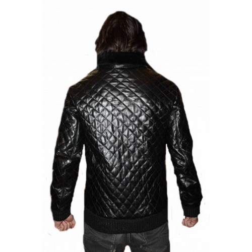 Blouson cuir agneau quadrillé noir col amovible mouton modèle Octavio