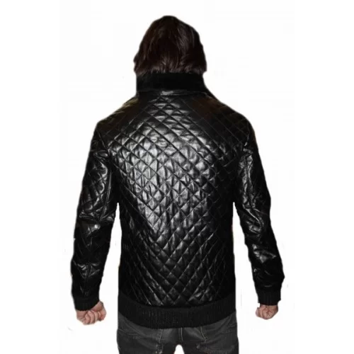Blouson cuir agneau quadrillé noir col amovible mouton modèle Octavio