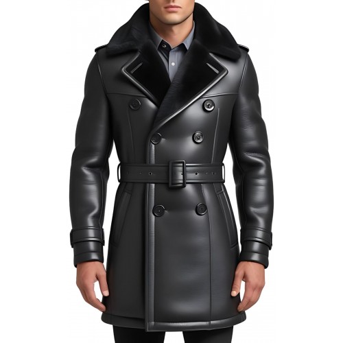 Trois quart homme type trench extèrieur en mouton retourné façon cuir huilé intèrieur mouton noir modèle Achille