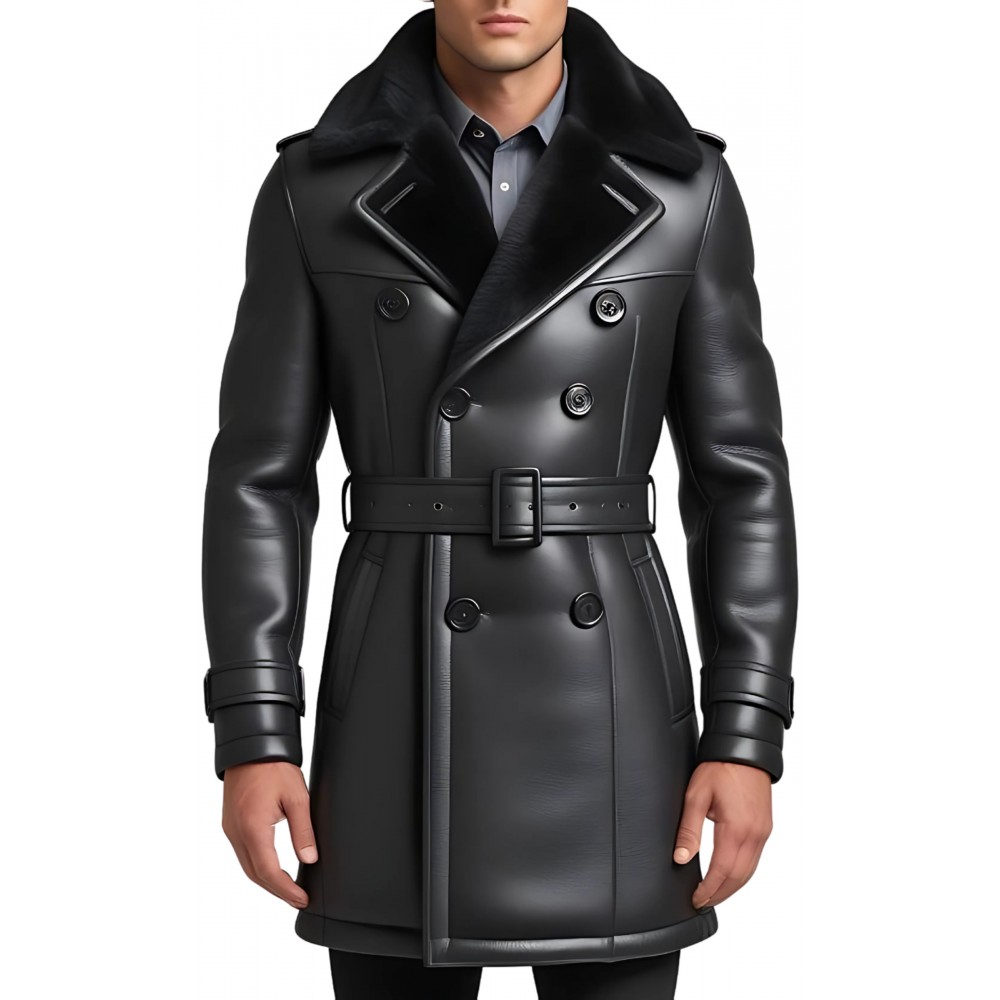 Trois quart homme type trench extèrieur en mouton retourné façon cuir huilé intèrieur mouton noir modèle Achille