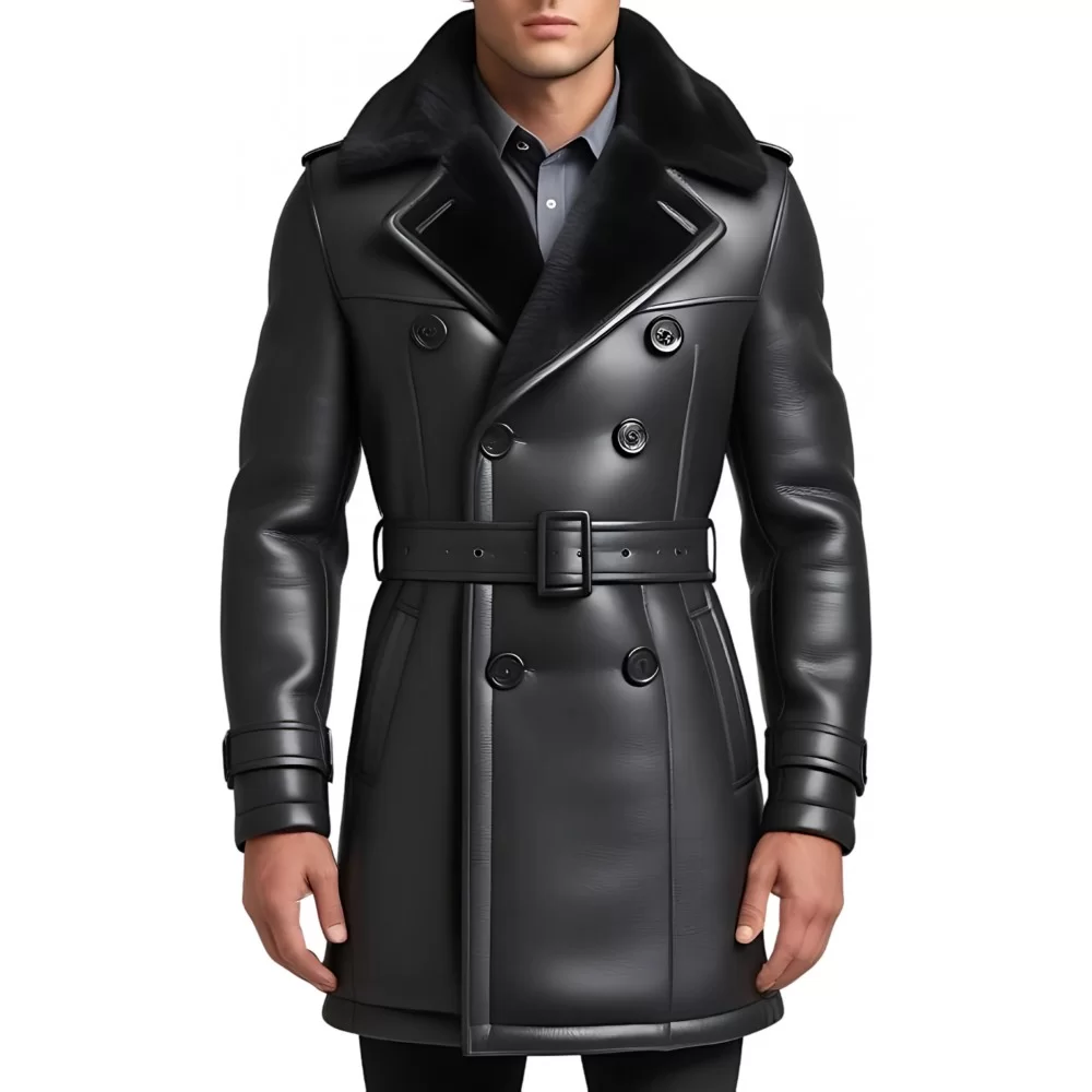 Trois quart homme type trench extèrieur en mouton retourné façon cuir huilé intèrieur mouton noir modèle Achille Trois quart homme type trench extèrieur en mouton retourné façon cuir huilé intèrieur mouton noir modèle Achille