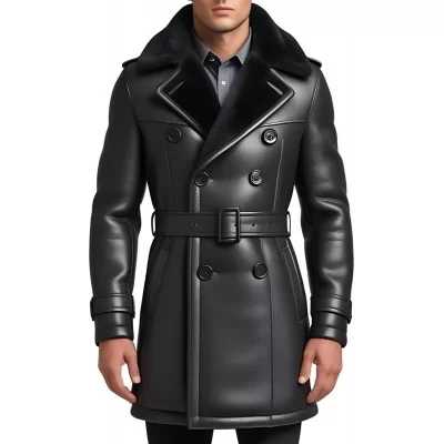 Trois quart homme type trench extèrieur en mouton retourné façon cuir huilé intèrieur mouton noir modèle Achille