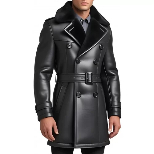 Trois quart homme type trench extèrieur en mouton retourné façon cuir huilé intèrieur mouton noir modèle Achille