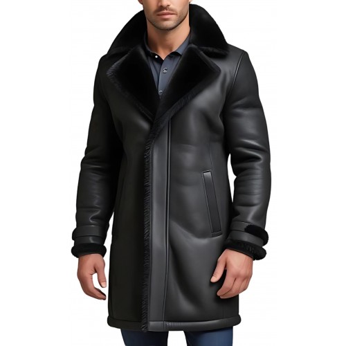 Trois quart homme extèrieur en mouton retourné façon cuir huilé intèrieur mouton noir modèle Louis