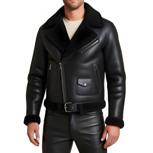 Blouson type perfecto en mouton retourné extèrieur mouton huilé aspect cuir modèle Partoce