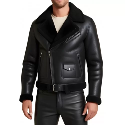 Blouson type perfecto en mouton retourné extèrieur mouton huilé aspect cuir modèle Partoce