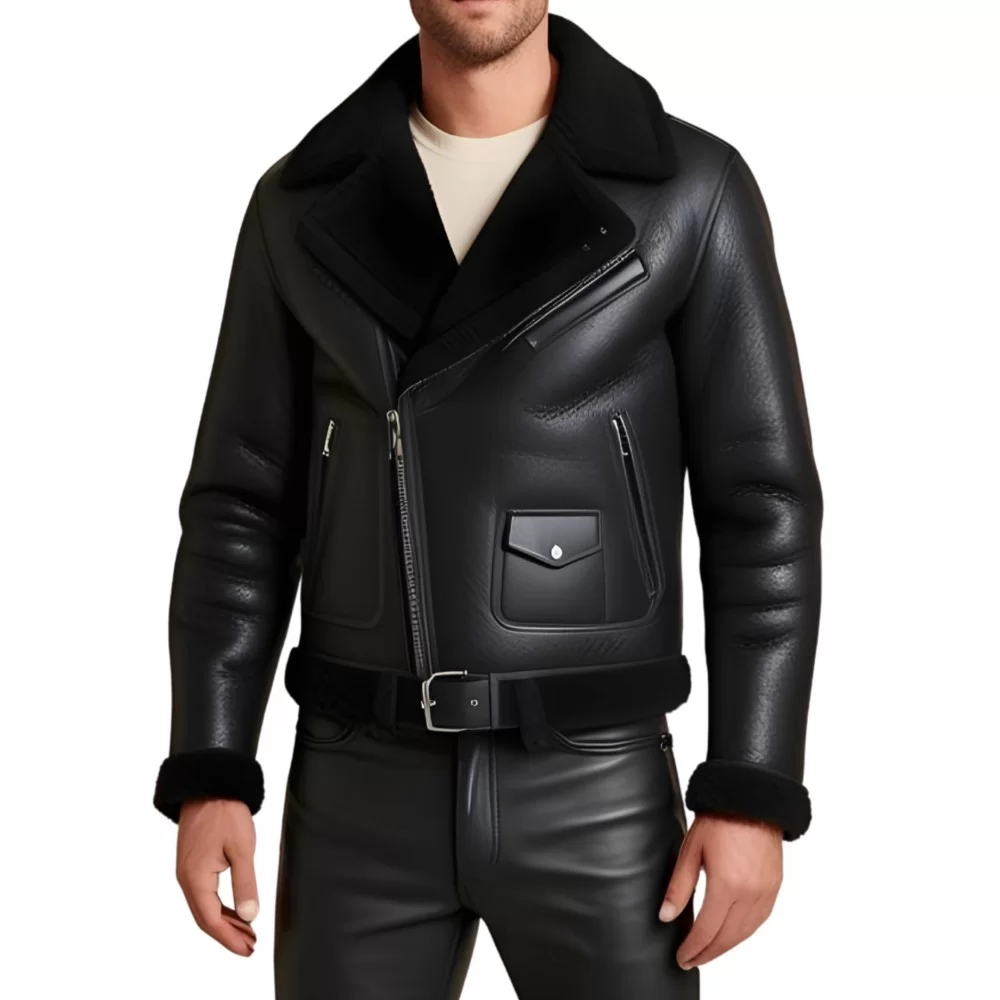 Blouson type perfecto en mouton retourné extèrieur mouton huilé aspect cuir modèle Partoce