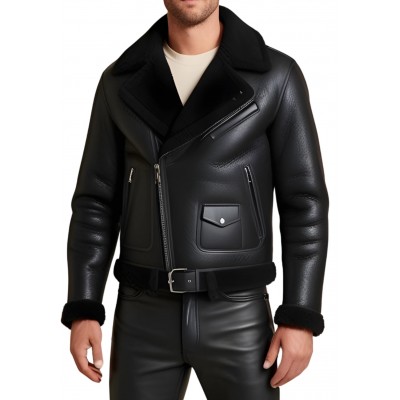 Blouson type perfecto en mouton retourné extèrieur mouton huilé aspect cuir modèle Partoce