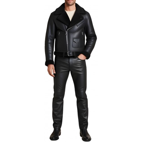 Blouson type perfecto en mouton retourné extèrieur mouton huilé aspect cuir modèle Partoce